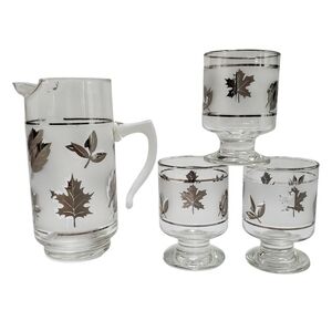 🟢 Libbey Silver Leaf Frosted Glass Pitcher Pillar Glasses Cocktail Set